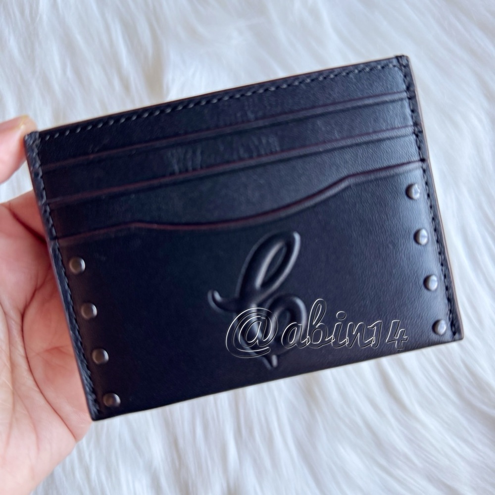 NWT Coach Black Leather Card Case Holder with Rivets Studs
